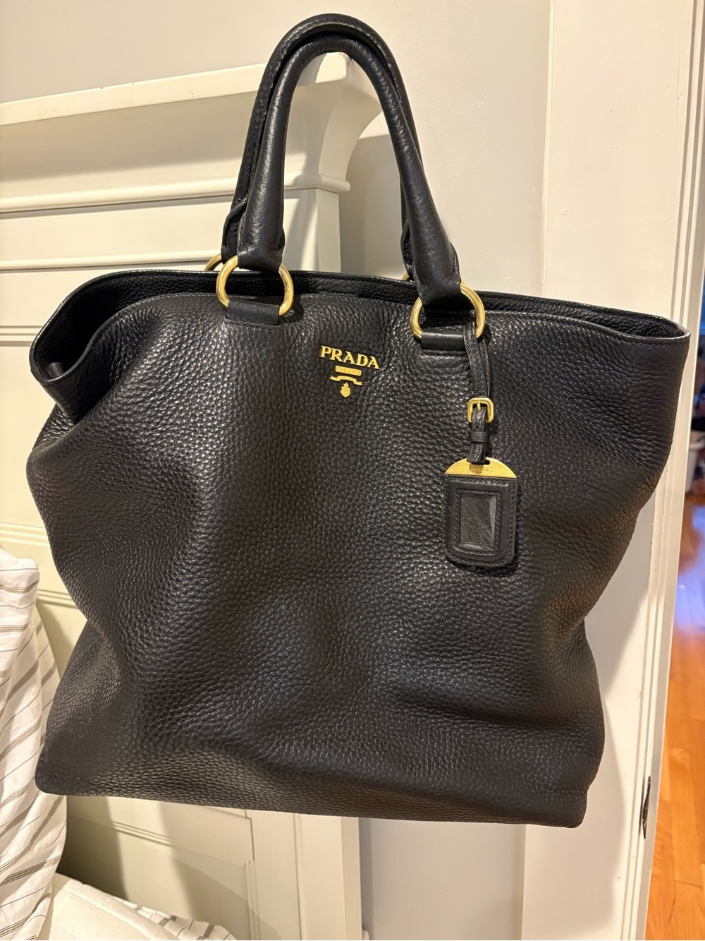 Prada Black Pebbled Leather Tote with Gold Accents